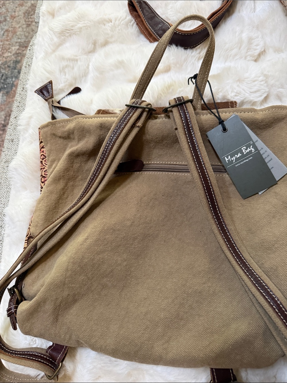 Myra Bag Brown & White Haircalf Patchwork Backpack - Picture 2 of 2